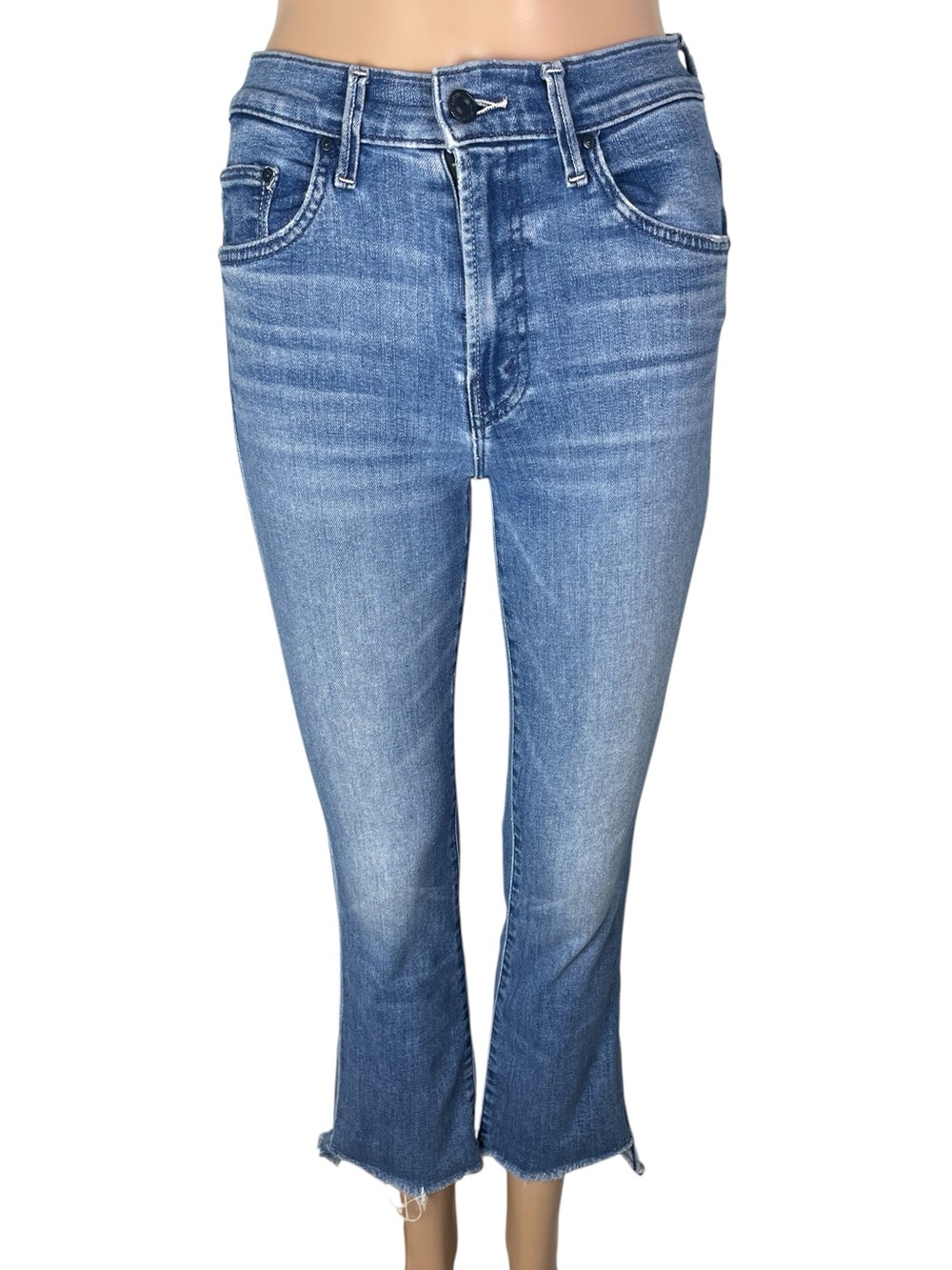 Mother The Insider Crop Step Fray Bootcut Light Wash Jeans in Sorry I'm Staring